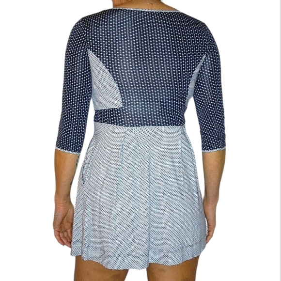 French Connection Quarter Sleeve Mini Dress Blue Grey Polka Dot Size 4 - Picture 3 of 5